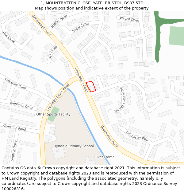 1, MOUNTBATTEN CLOSE, YATE, BRISTOL, BS37 5TD: Location map and indicative extent of plot