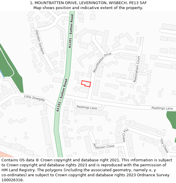 1, MOUNTBATTEN DRIVE, LEVERINGTON, WISBECH, PE13 5AF: Location map and indicative extent of plot