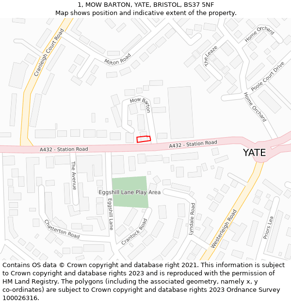 1, MOW BARTON, YATE, BRISTOL, BS37 5NF: Location map and indicative extent of plot