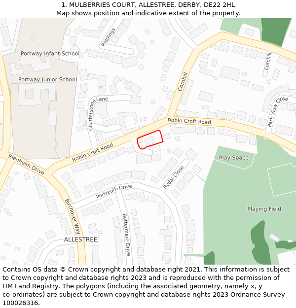 1, MULBERRIES COURT, ALLESTREE, DERBY, DE22 2HL: Location map and indicative extent of plot