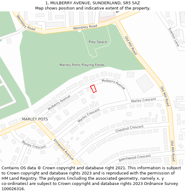 1, MULBERRY AVENUE, SUNDERLAND, SR5 5AZ: Location map and indicative extent of plot