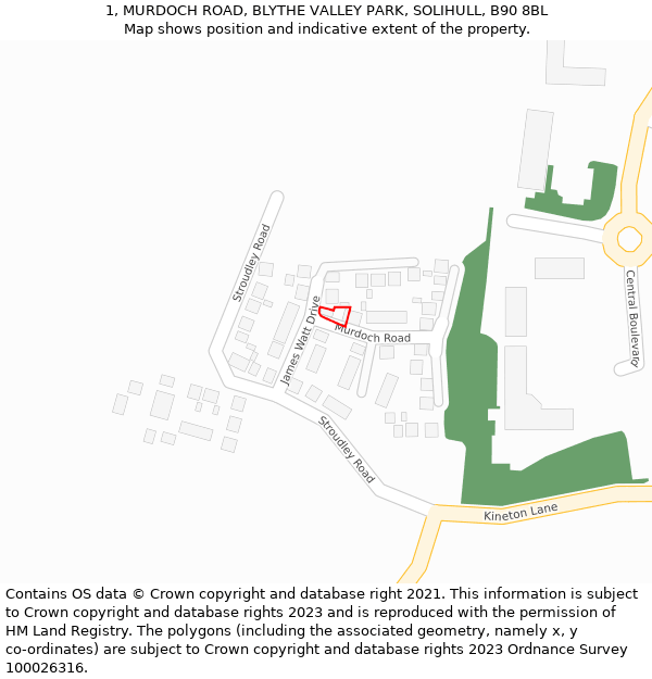 1, MURDOCH ROAD, BLYTHE VALLEY PARK, SOLIHULL, B90 8BL: Location map and indicative extent of plot