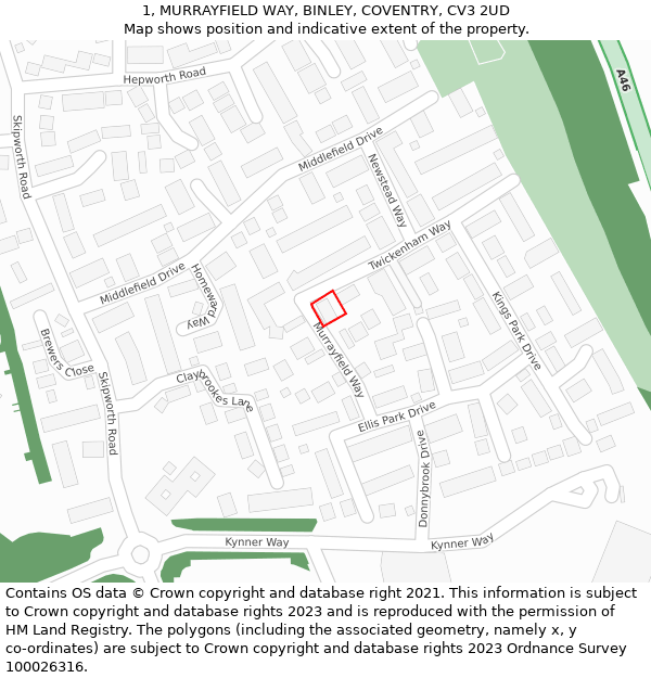 1, MURRAYFIELD WAY, BINLEY, COVENTRY, CV3 2UD: Location map and indicative extent of plot