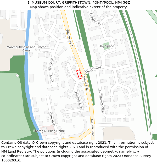 1, MUSEUM COURT, GRIFFITHSTOWN, PONTYPOOL, NP4 5GZ: Location map and indicative extent of plot