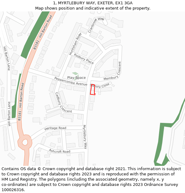 1, MYRTLEBURY WAY, EXETER, EX1 3GA: Location map and indicative extent of plot