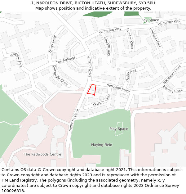 1, NAPOLEON DRIVE, BICTON HEATH, SHREWSBURY, SY3 5PH: Location map and indicative extent of plot