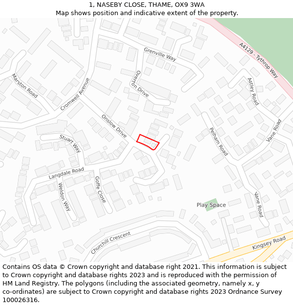 1, NASEBY CLOSE, THAME, OX9 3WA: Location map and indicative extent of plot