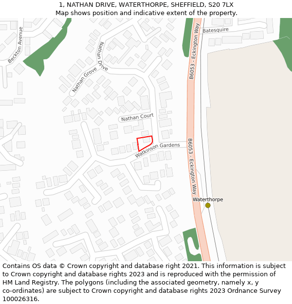 1, NATHAN DRIVE, WATERTHORPE, SHEFFIELD, S20 7LX: Location map and indicative extent of plot