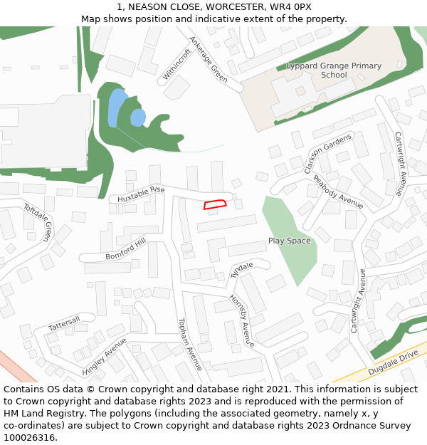 1, NEASON CLOSE, WORCESTER, WR4 0PX: Location map and indicative extent of plot
