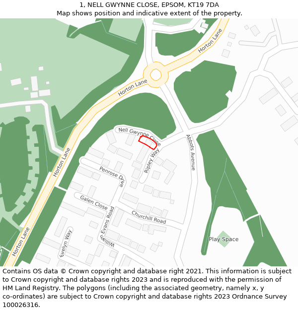 1, NELL GWYNNE CLOSE, EPSOM, KT19 7DA: Location map and indicative extent of plot