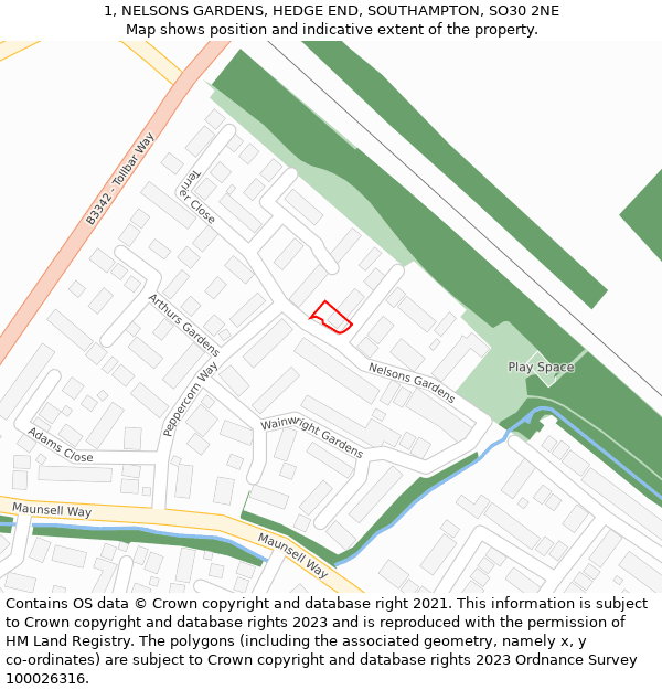 1, NELSONS GARDENS, HEDGE END, SOUTHAMPTON, SO30 2NE: Location map and indicative extent of plot