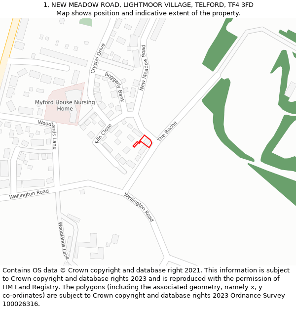 1, NEW MEADOW ROAD, LIGHTMOOR VILLAGE, TELFORD, TF4 3FD: Location map and indicative extent of plot