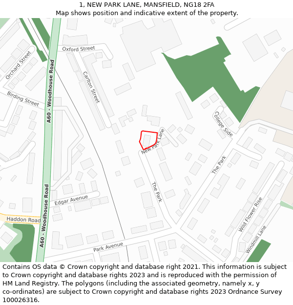 1, NEW PARK LANE, MANSFIELD, NG18 2FA: Location map and indicative extent of plot