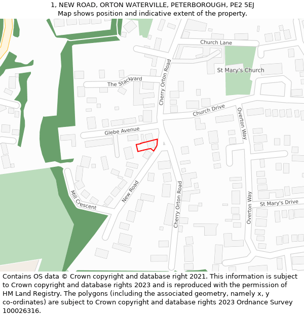 1, NEW ROAD, ORTON WATERVILLE, PETERBOROUGH, PE2 5EJ: Location map and indicative extent of plot