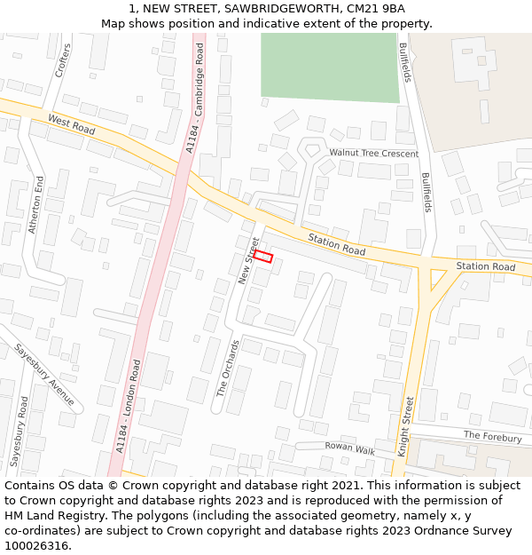 1, NEW STREET, SAWBRIDGEWORTH, CM21 9BA: Location map and indicative extent of plot