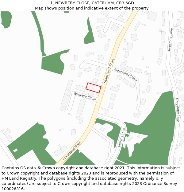 1, NEWBERY CLOSE, CATERHAM, CR3 6GD: Location map and indicative extent of plot