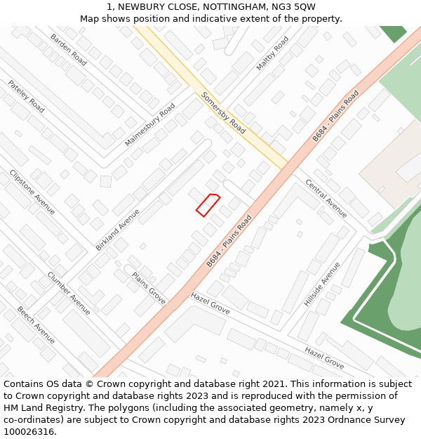 1, NEWBURY CLOSE, NOTTINGHAM, NG3 5QW: Location map and indicative extent of plot