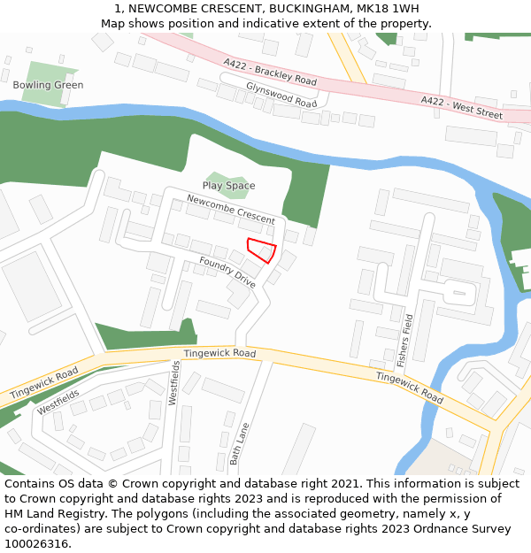 1, NEWCOMBE CRESCENT, BUCKINGHAM, MK18 1WH: Location map and indicative extent of plot