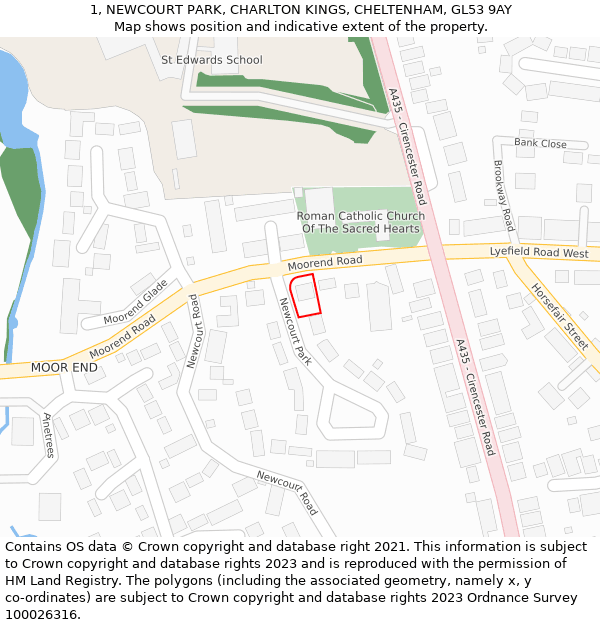 1, NEWCOURT PARK, CHARLTON KINGS, CHELTENHAM, GL53 9AY: Location map and indicative extent of plot