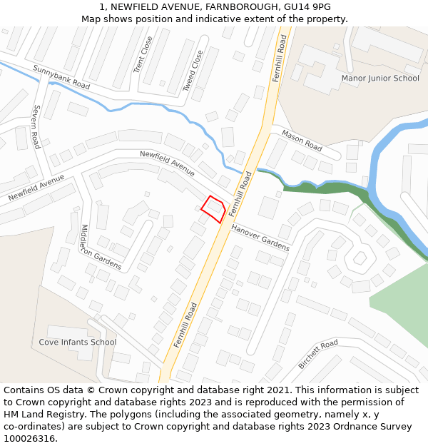 1, NEWFIELD AVENUE, FARNBOROUGH, GU14 9PG: Location map and indicative extent of plot