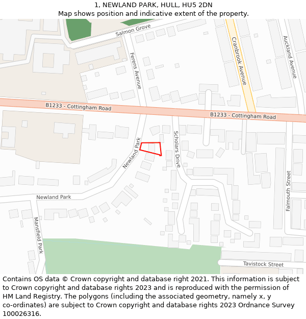 1, NEWLAND PARK, HULL, HU5 2DN: Location map and indicative extent of plot