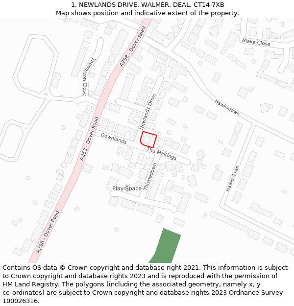 1, NEWLANDS DRIVE, WALMER, DEAL, CT14 7XB: Location map and indicative extent of plot