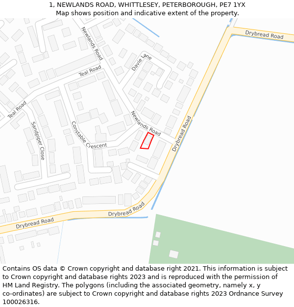 1, NEWLANDS ROAD, WHITTLESEY, PETERBOROUGH, PE7 1YX: Location map and indicative extent of plot