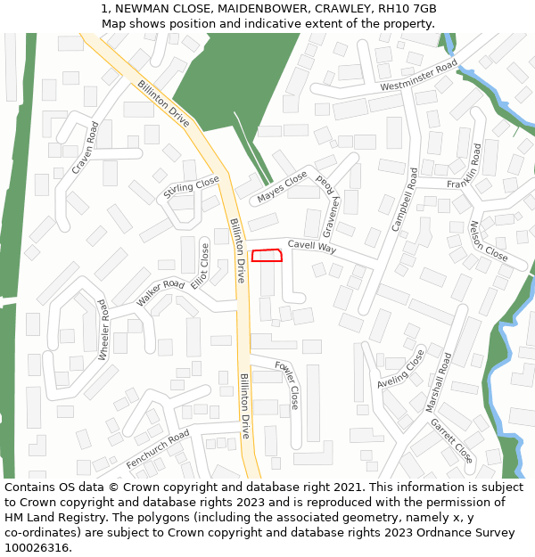 1, NEWMAN CLOSE, MAIDENBOWER, CRAWLEY, RH10 7GB: Location map and indicative extent of plot