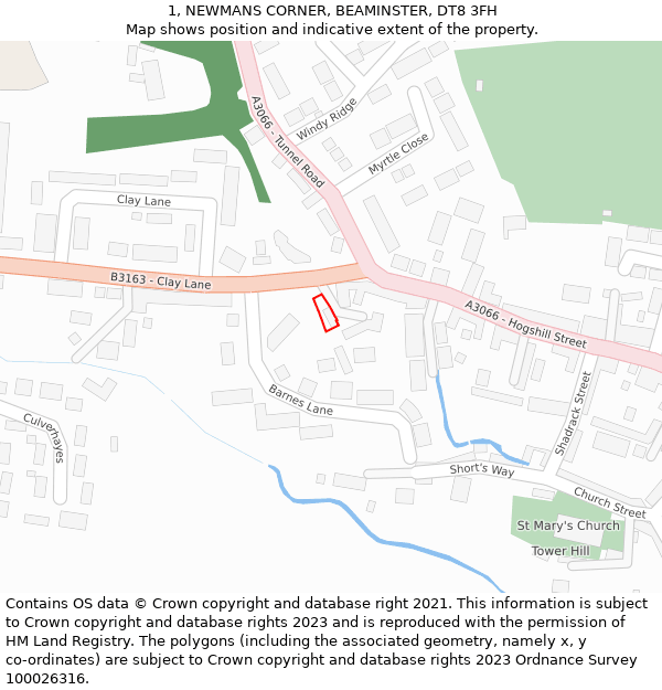 1, NEWMANS CORNER, BEAMINSTER, DT8 3FH: Location map and indicative extent of plot
