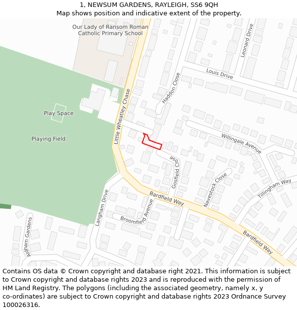 1, NEWSUM GARDENS, RAYLEIGH, SS6 9QH: Location map and indicative extent of plot