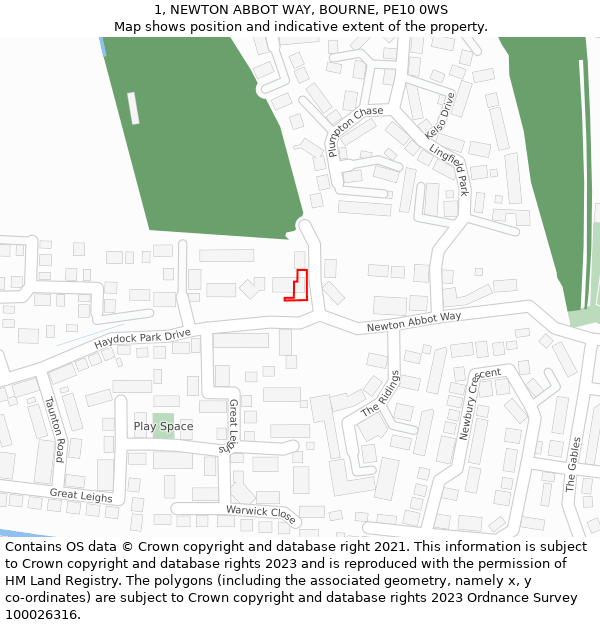 1, NEWTON ABBOT WAY, BOURNE, PE10 0WS: Location map and indicative extent of plot