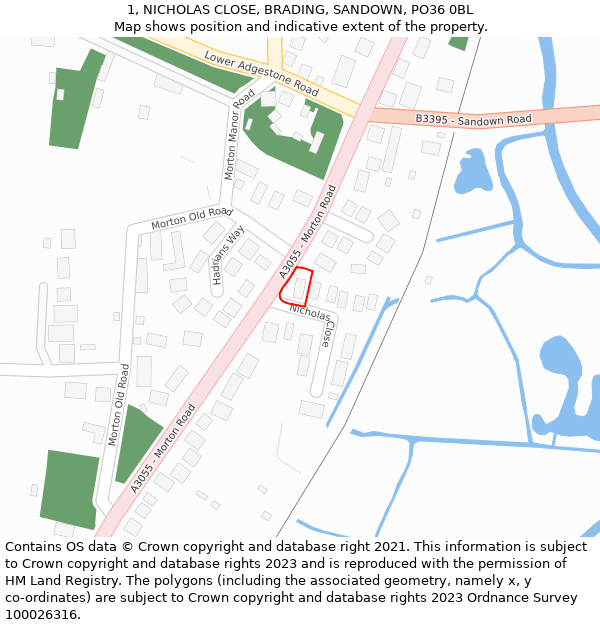 1, NICHOLAS CLOSE, BRADING, SANDOWN, PO36 0BL: Location map and indicative extent of plot