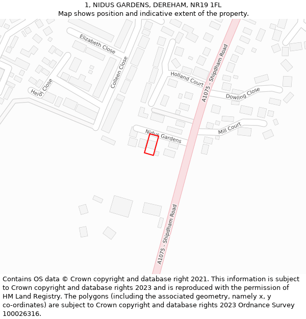 1, NIDUS GARDENS, DEREHAM, NR19 1FL: Location map and indicative extent of plot