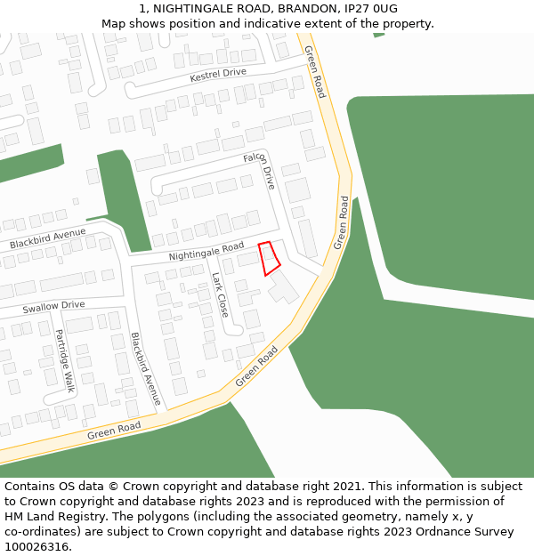1, NIGHTINGALE ROAD, BRANDON, IP27 0UG: Location map and indicative extent of plot