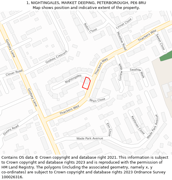 1, NIGHTINGALES, MARKET DEEPING, PETERBOROUGH, PE6 8RU: Location map and indicative extent of plot