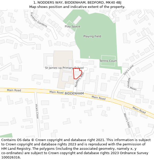 1, NODDERS WAY, BIDDENHAM, BEDFORD, MK40 4BJ: Location map and indicative extent of plot