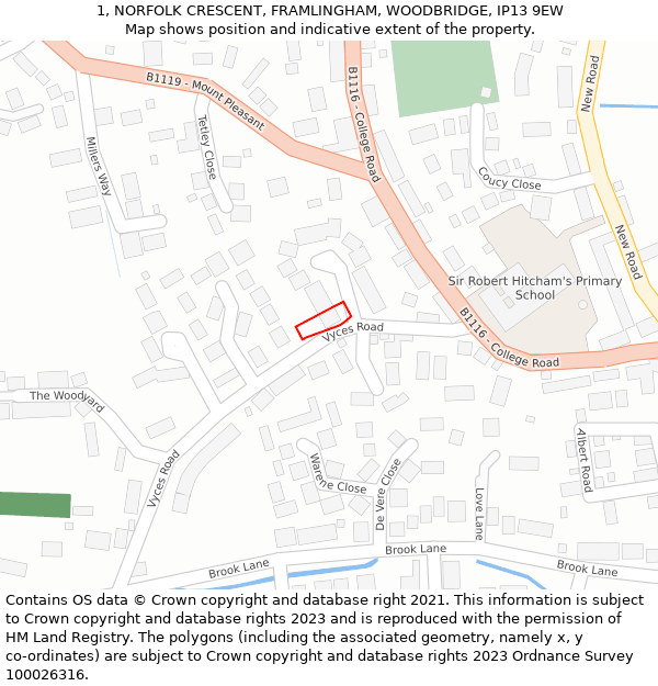 1, NORFOLK CRESCENT, FRAMLINGHAM, WOODBRIDGE, IP13 9EW: Location map and indicative extent of plot