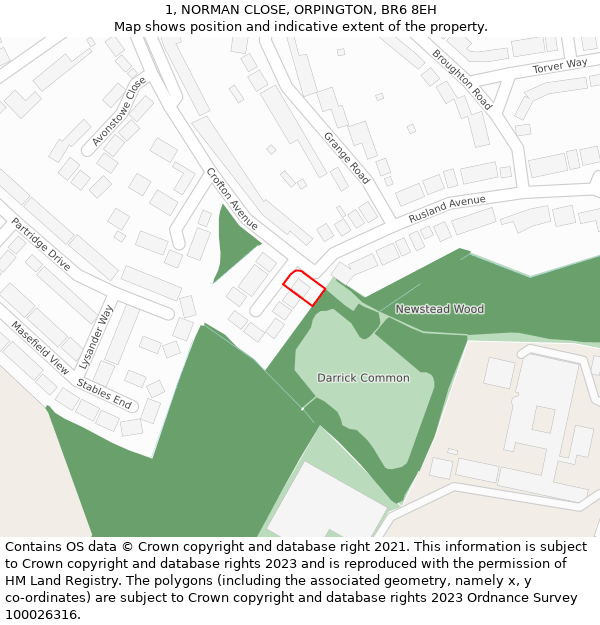 1, NORMAN CLOSE, ORPINGTON, BR6 8EH: Location map and indicative extent of plot