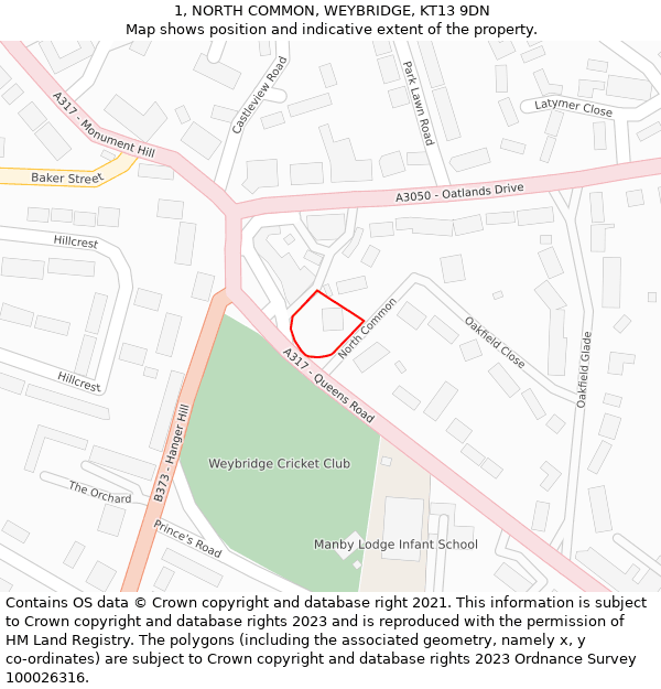 1, NORTH COMMON, WEYBRIDGE, KT13 9DN: Location map and indicative extent of plot