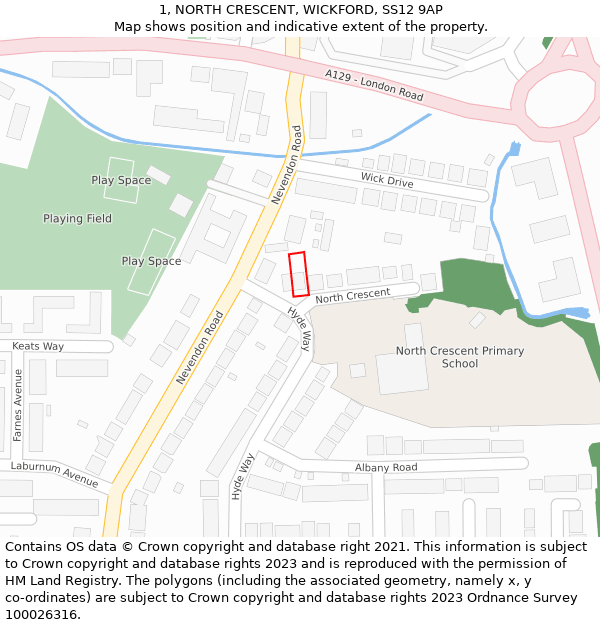 1, NORTH CRESCENT, WICKFORD, SS12 9AP: Location map and indicative extent of plot