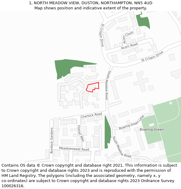 1, NORTH MEADOW VIEW, DUSTON, NORTHAMPTON, NN5 4UD: Location map and indicative extent of plot