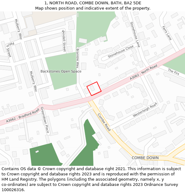 1, NORTH ROAD, COMBE DOWN, BATH, BA2 5DE: Location map and indicative extent of plot