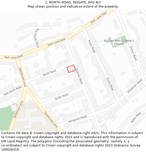 1, NORTH ROAD, REIGATE, RH2 8LY: Location map and indicative extent of plot