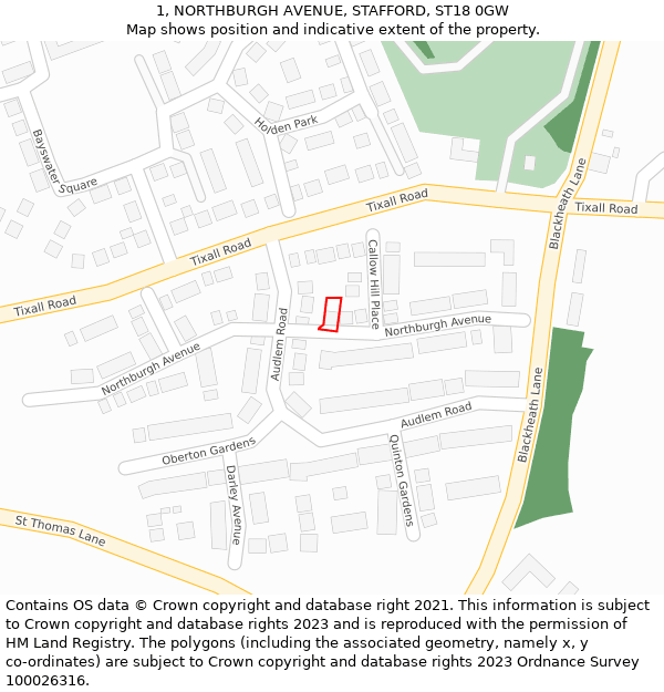 1, NORTHBURGH AVENUE, STAFFORD, ST18 0GW: Location map and indicative extent of plot