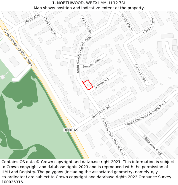 1, NORTHWOOD, WREXHAM, LL12 7SL: Location map and indicative extent of plot