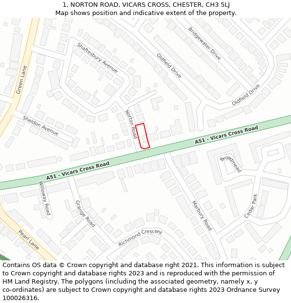 1, NORTON ROAD, VICARS CROSS, CHESTER, CH3 5LJ: Location map and indicative extent of plot