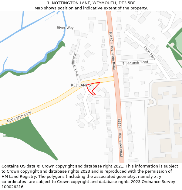 1, NOTTINGTON LANE, WEYMOUTH, DT3 5DF: Location map and indicative extent of plot