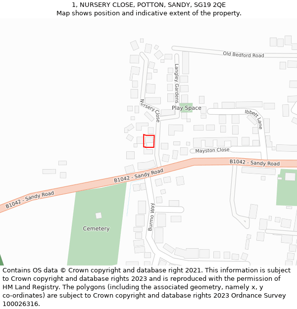 1, NURSERY CLOSE, POTTON, SANDY, SG19 2QE: Location map and indicative extent of plot