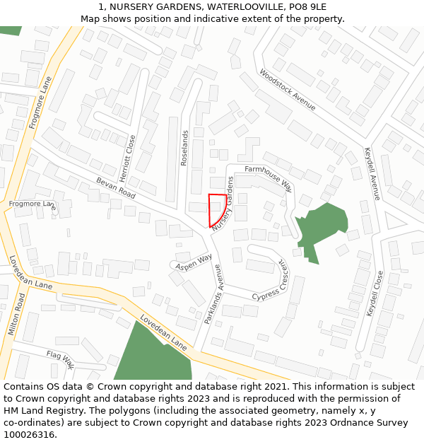 1, NURSERY GARDENS, WATERLOOVILLE, PO8 9LE: Location map and indicative extent of plot