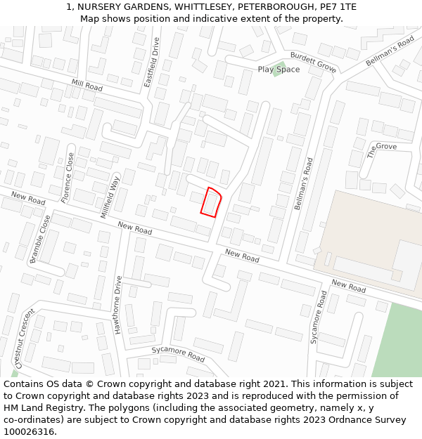 1, NURSERY GARDENS, WHITTLESEY, PETERBOROUGH, PE7 1TE: Location map and indicative extent of plot